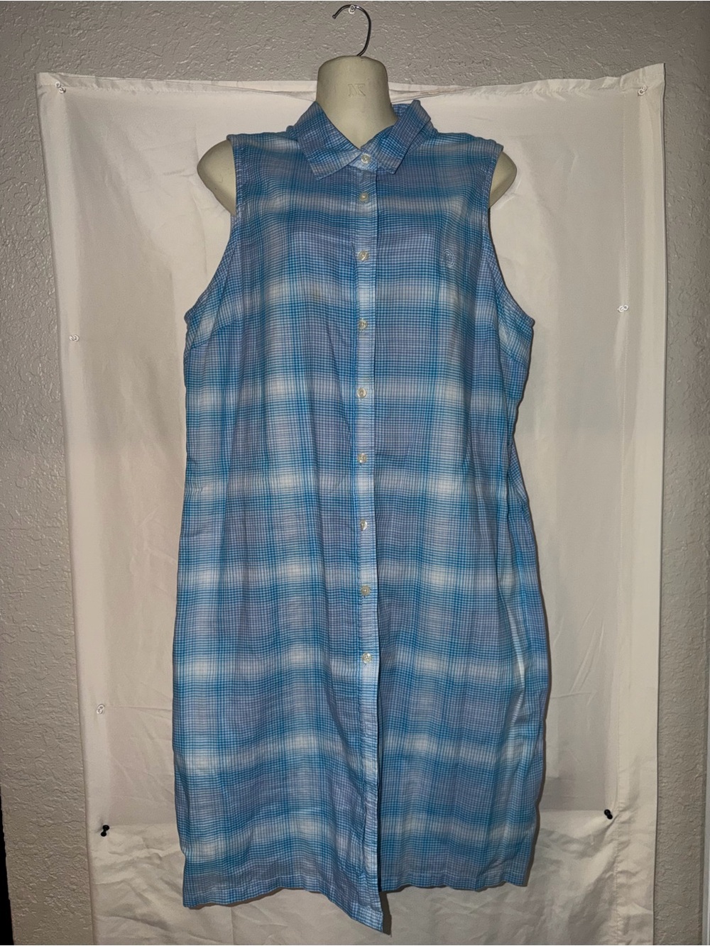 Tommy Hilfiger Blue & White Plaid Sleeveless Midi Shirt Dress